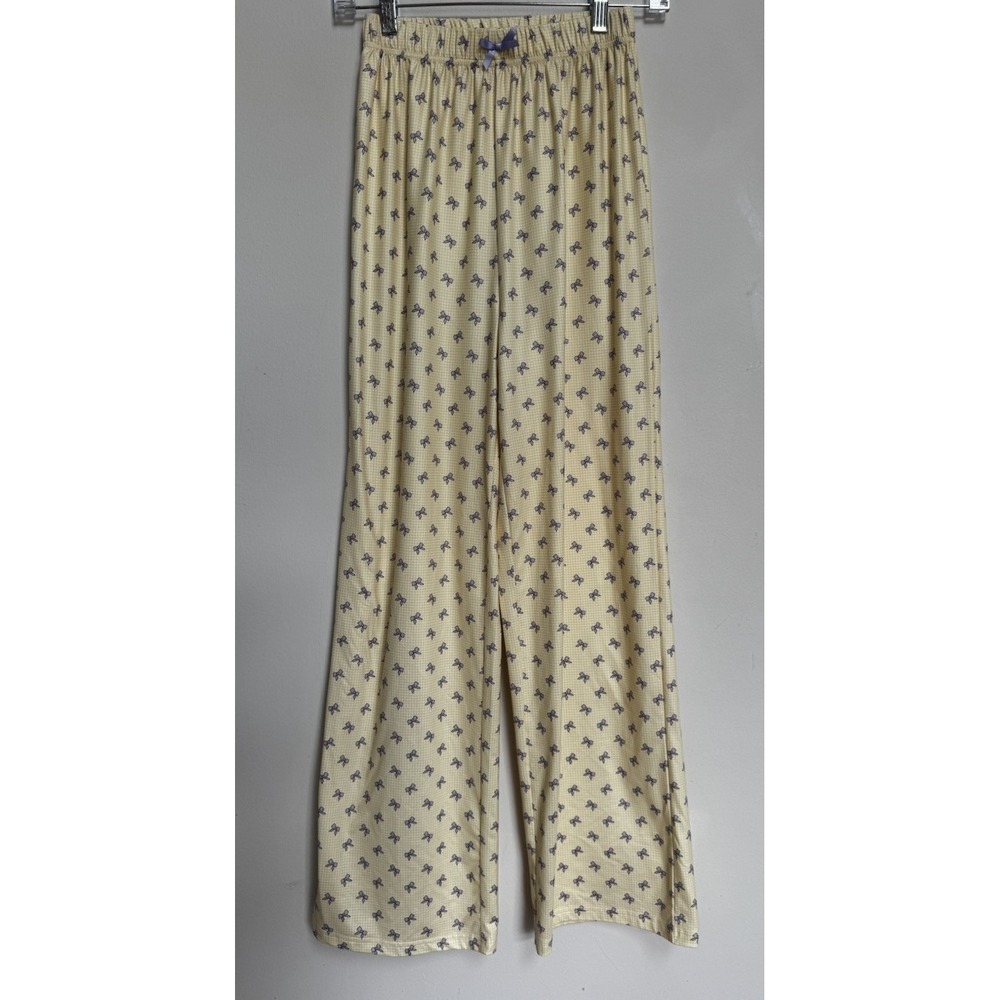 Happy Camper Pajama Lounge Pants S Yellow Gingham Purple Bows Comfy Soft Girl